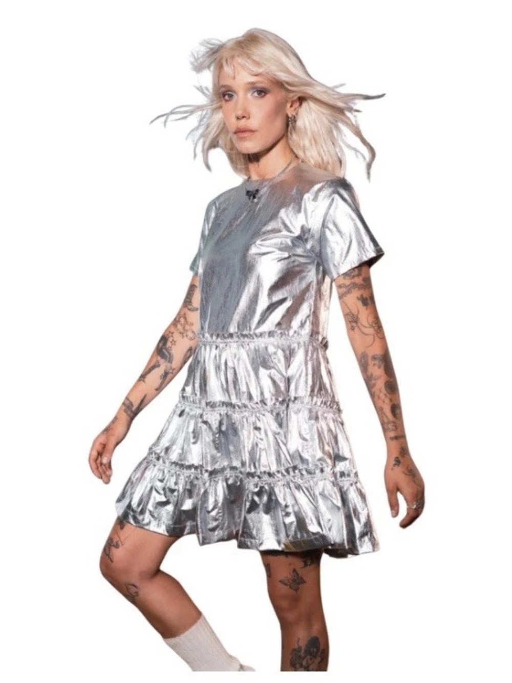 Teddy Fresh Metallic Silver Tiered Mini Dress Halloween Costume Party Size Small